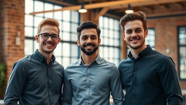 Three young men in a modern office setting, representing AI tools collaboration.