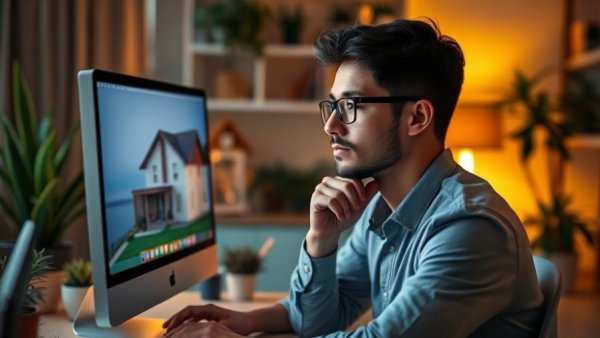 Young professional engaged in Houston Real Estate research at home office.