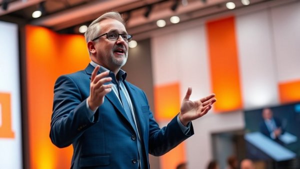 Middle-aged man speaking passionately at a tech conference on AI Tools.