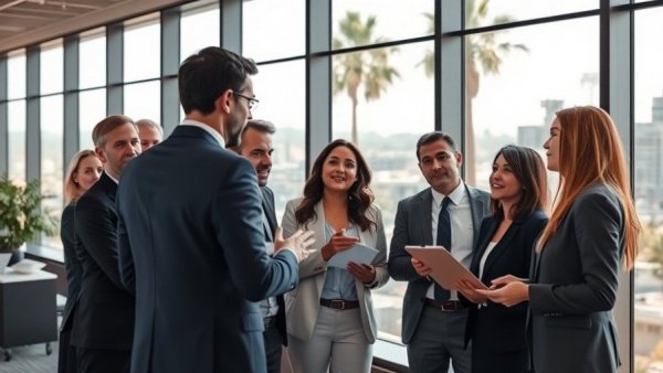 Corporate team meeting discussing work by large windows with city view.