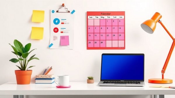 Illustrated desk with editable social media calendars and icons.
