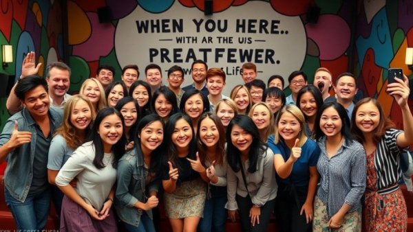Austin Community group photo on stage with vibrant mural.