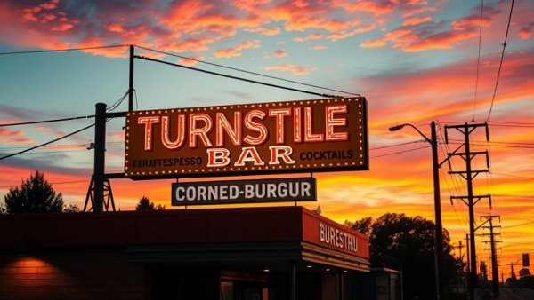 Turnstile Bar sign at sunset featuring espresso, craft beer, cocktail options.