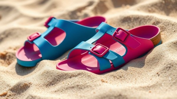 Colorful Birkenstock sandals on sand at Birkenstock Texas outlet store San Marcos.