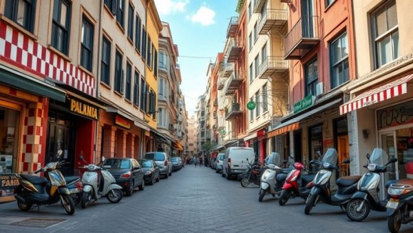 Vibrant Austin Community street with eclectic facades and scooters.