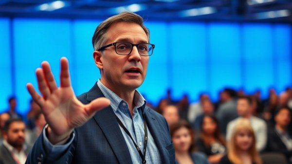 Confident speaker discussing AI tools at a conference.