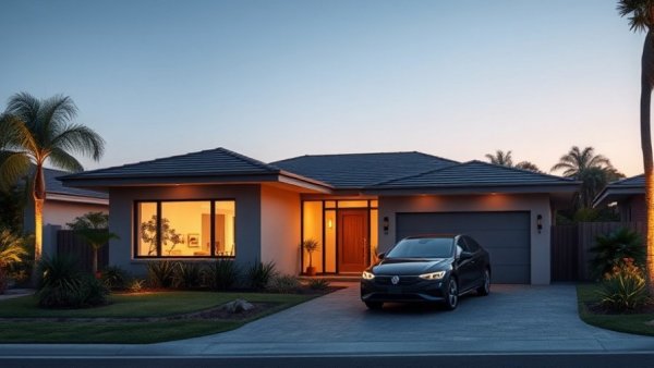 Texas founder stories: Modern house at dusk with parked car in driveway.