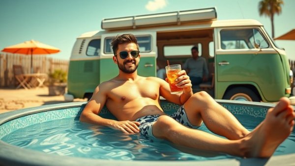 Relaxed man lounging by camper, Willie Nelson Golf Course Comedy Film scene.