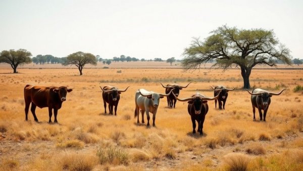 Texas farmland with grazing longhorns under blue sky.