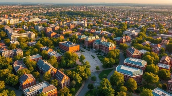 Austin community university campus aerial view during golden hour