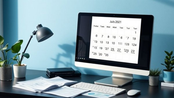 Office desk with tax documents and digital calendar showing due dates for taxes.