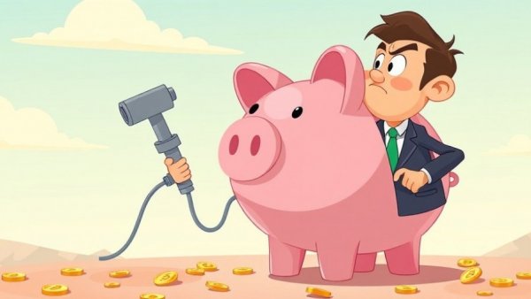 Cartoon of businessman inflating piggy bank, AI tools for small business in Texas.