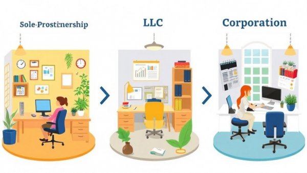 Illustration of differences between LLC, Corporation, Sole Proprietorship.