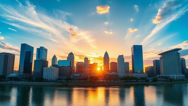 Vibrant Austin skyline at sunset, highlighting real estate prices.