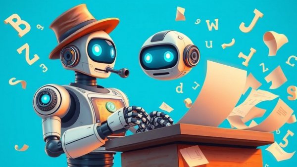 Animated robot using AI tools to type, surrounded by letters.