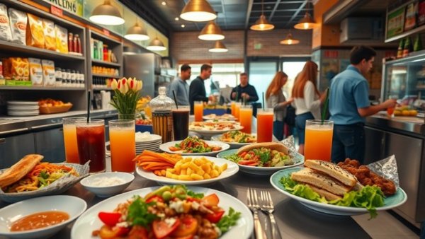 Austin Community gathering at a vibrant deli with assorted dishes.
