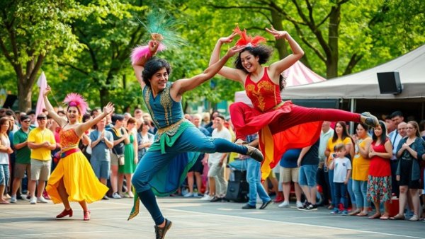 Colorful acrobats performing at Austin community events weekend.