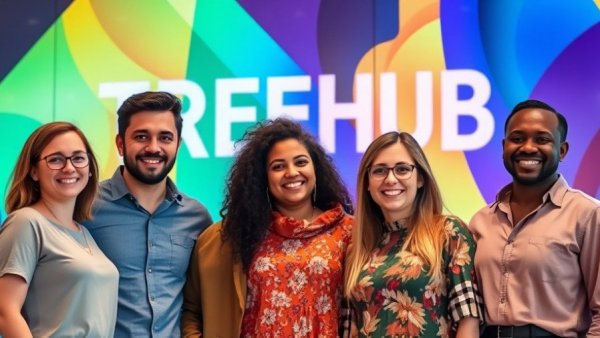 Diverse team at Treehub standing together with vibrant background.