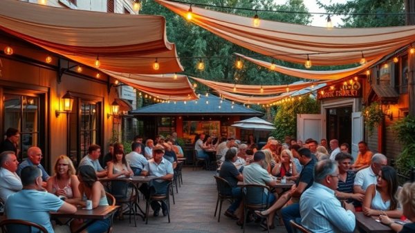 Vibrant scene of Austin's restaurant patio with live music.