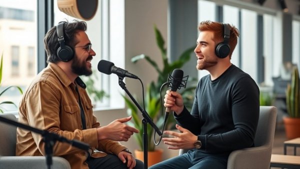 Podcast studio discussion on AI Tools with modern setup.