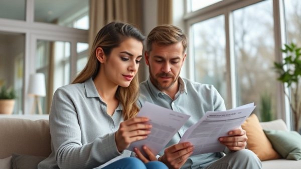 Couple in modern living room planning Houston down payment savings