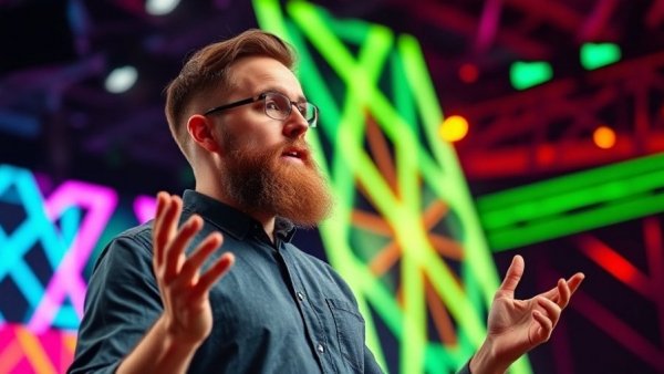 Young man discussing AI tools at a vibrant tech conference