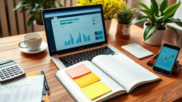 Organized workspace of accounting software tools for retail.