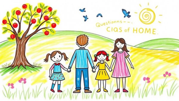 Child's drawing of family under birds dreaming of home.