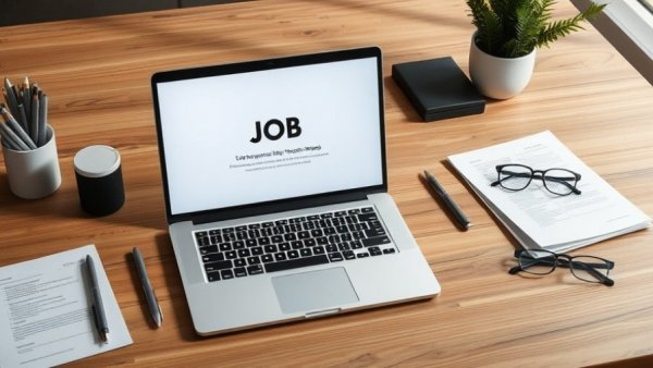 Neat workspace with job posting on laptop depicting recruitment hiring process.