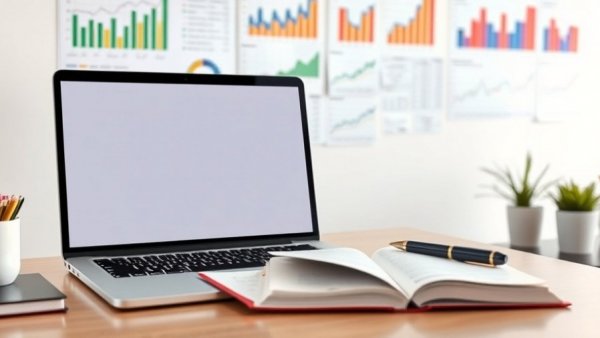 Organized desk with financial charts and laptop for small company statements.