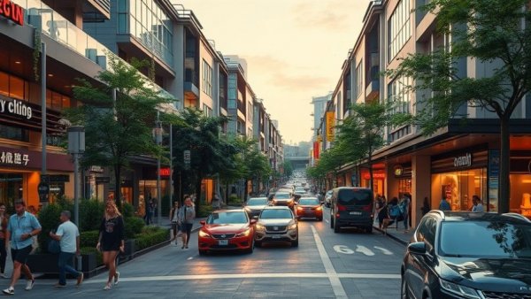 Lively Texas small business district at dusk featuring shops and cafes.