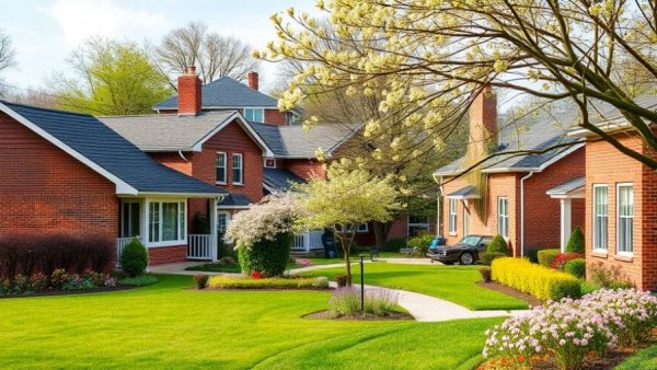 Charming Texas neighborhood showcasing spring gardens, Texas Real Estate Market.