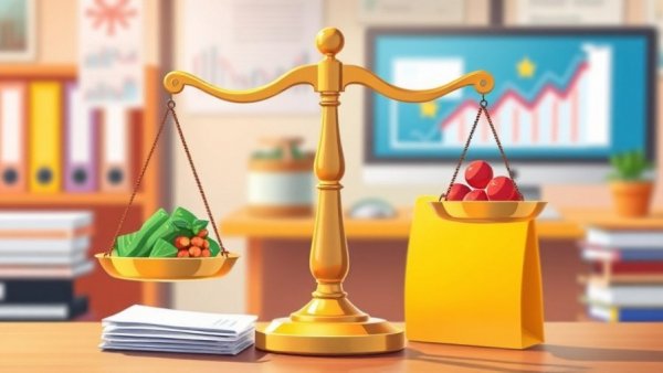 Balance Sheet for Small Business: colorful office scene with balance scale.