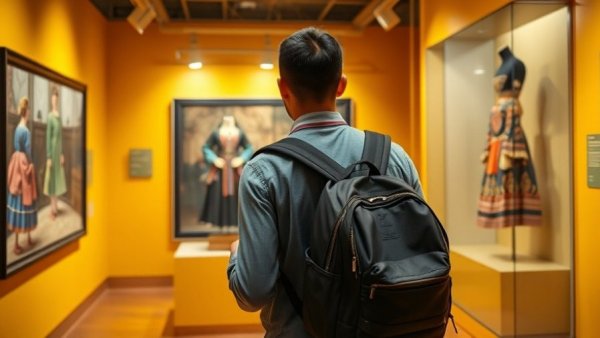 Man exploring Texas Rose Festival exhibit with historical dresses