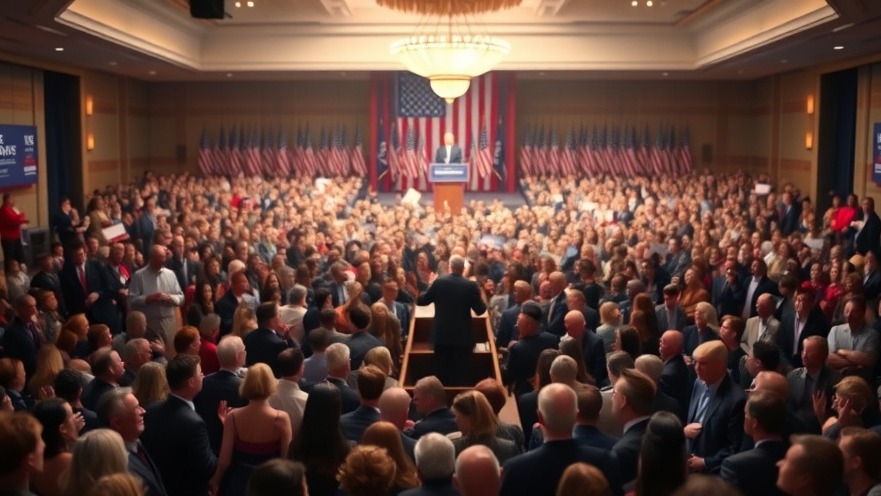 Energetic political campaign kickoff event in a large venue, capturing community excitement.