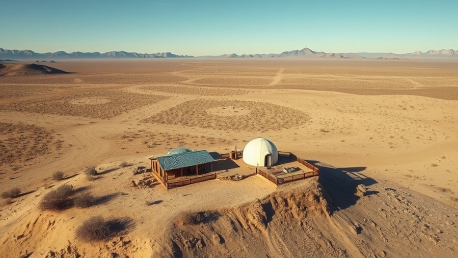 Aerial view of El Mirage ranch highlights tiny homes in the vast California desert landscape.