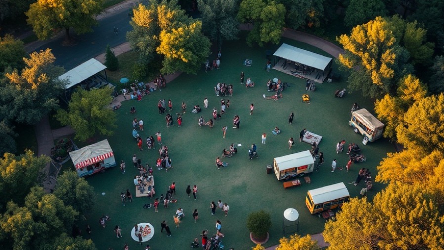 Aerial view of Austin Zilker Park weekend events showcasing wellness, music, and local dining.