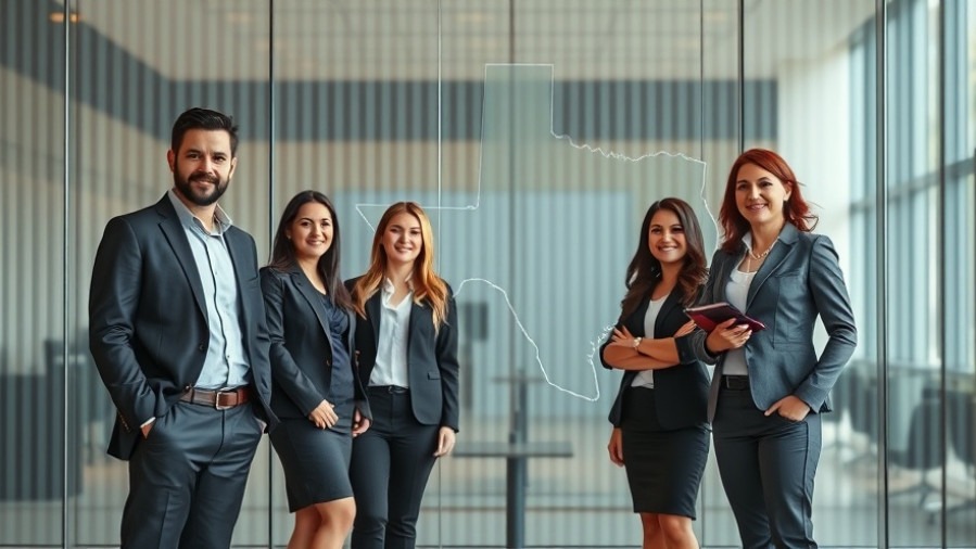 Austin Real Estate professionals in a modern office with Texas diagram backdrop.