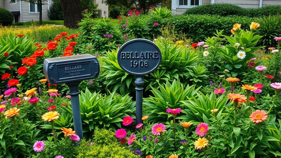 Vibrant garden in Bellaire Texas with historical marker and colorful blooms