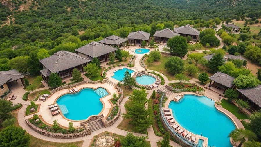 Stunning aerial view of modern resort cottages in Texas Hill Country, showcasing community engagement and business innovation.
