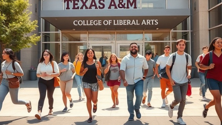 Energetic students at Texas A&M College of Liberal Arts, showcasing academic freedom and diversity.