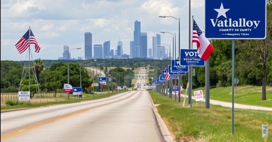 Election signs along a roadway in Montgomery County, Texas, highlighting local elections.