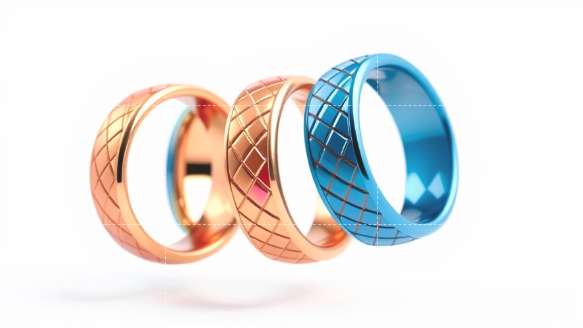 Photorealistic smart rings with vibrant colors, showcasing Texas innovation in digital tools.