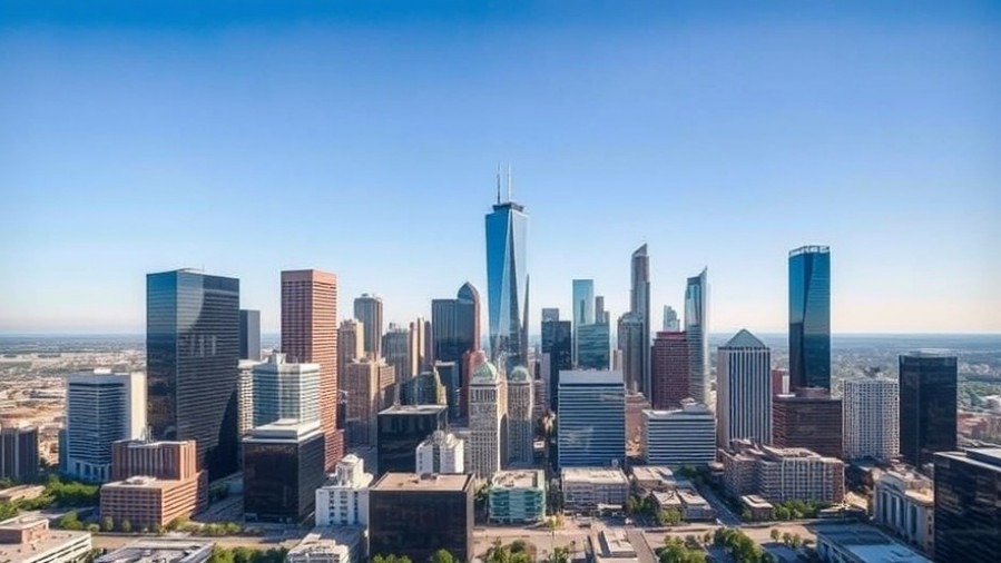 Aerial view of Houston skyline highlighting housing market trends and investing in properties.