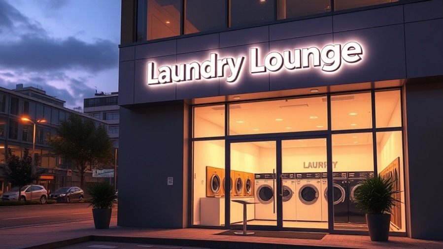 Modern entrance of Laundry Lounge, a community hub for Austin entrepreneurs, featuring Emily Strayer laundromat coffee bar.