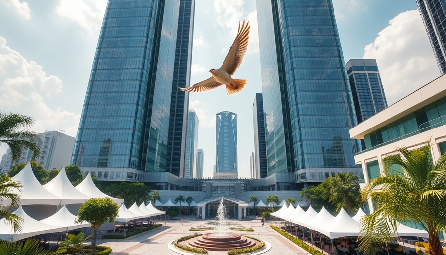 Houston real estate trends 2025, urban plaza with skyscrapers and foliage.