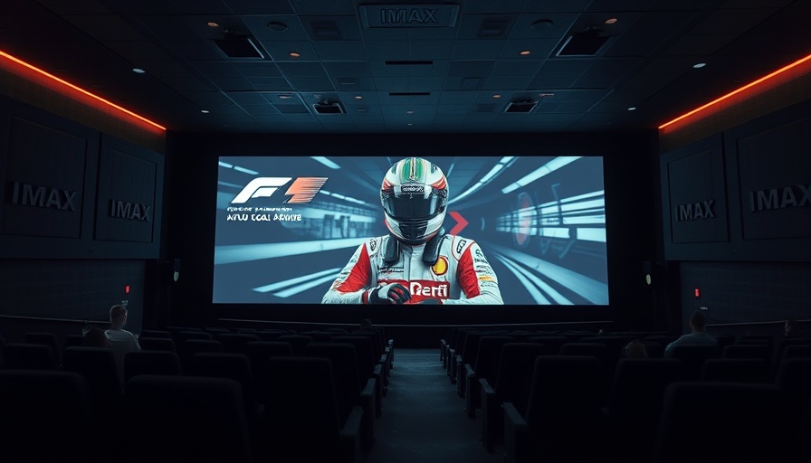Cinematic IMAX theater showing F1 movie promotion, dimly lit.