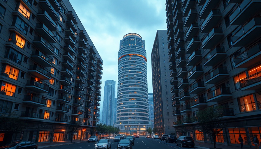 Modern high-rise in Northwest Houston new homes, evening view.