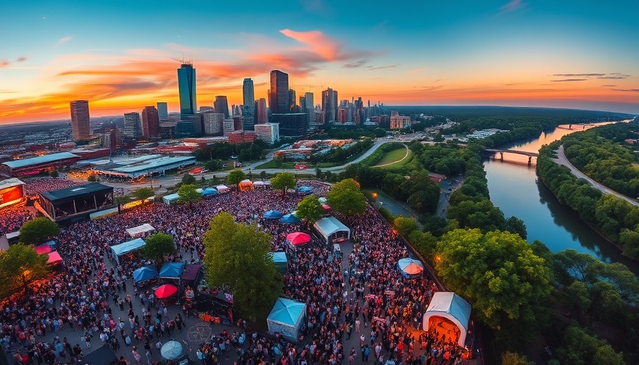 Aerial view of Austin weekend events with cityscape.