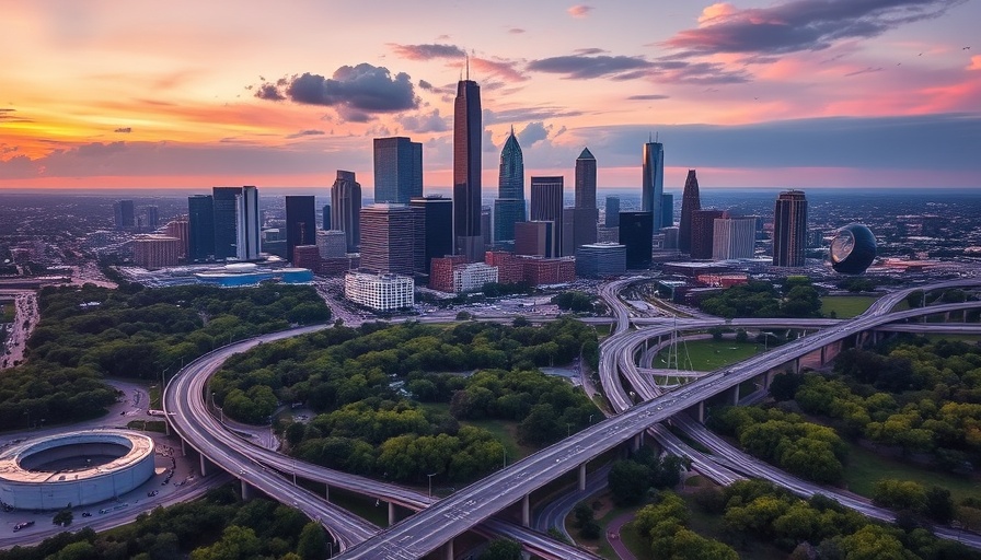 Houston housing market 2025 skyline at sunset, aerial view.